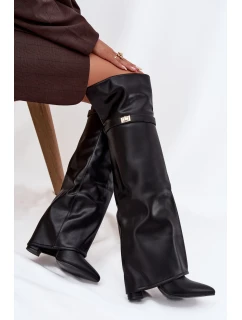 Dámske zateplené čižmy nad kolená s holennou časťou a stĺpcovým podpätkom Serelle - čierne, eko semiš