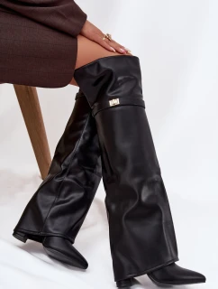 Dámske zateplené čižmy nad kolená s holennou časťou a stĺpcovým podpätkom Serelle - čierne, eko semiš