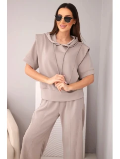 Dámský komplet mikina s kapucí a volné kalhoty se šňůrkou máslový fango