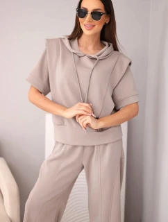 Dámský komplet mikina s kapucí a volné kalhoty se šňůrkou máslový fango