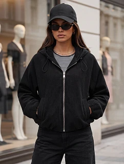 Dámska oversizeová kordová bunda s kapucňou, čierna, FashionStreet TY6062