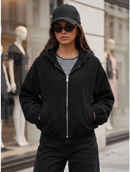 Dámska oversizeová kordová bunda s kapucňou, čierna, FashionStreet TY6062 Dámska oversizeová kordová bunda s kapucňou, čierna, FashionStreet TY6062