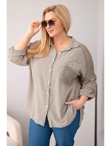 Dámske bavlnené plus size tričko s golierom a čipkovou vsadkou Fango Dámske bavlnené plus size tričko s golierom a čipkovou vsadkou Fango