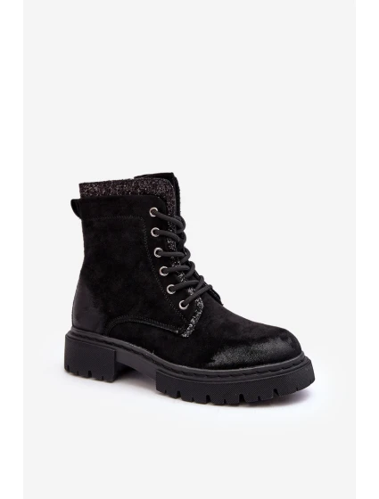 Zdobione Botki Workery Damskie Na Suwak Czarne Santelia Zdobione Botki Workery Damskie Na Suwak Czarne Santelia