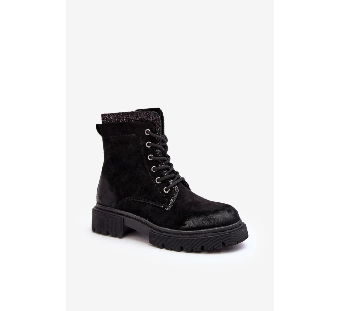 Zdobione Botki Workery Damskie Na Suwak Czarne Santelia Zdobione Botki Workery Damskie Na Suwak Czarne Santelia