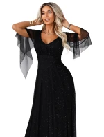 Dlouhé lehké třpytivé šaty s výstřihem a rukávy černé model 21802210 - numoco basic Dlouhé lehké třpytivé šaty s výstřihem a rukávy černé model 21802210 - numoco basic