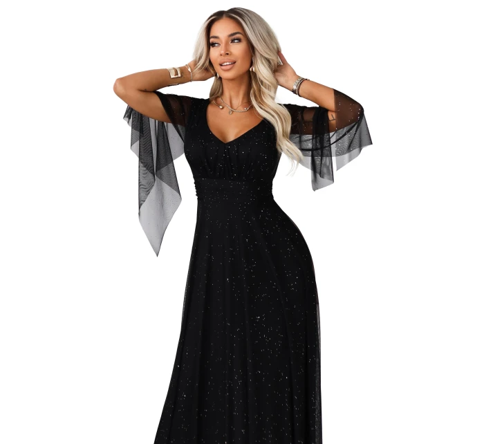 Dlouhé lehké třpytivé šaty s výstřihem a rukávy černé model 21802210 - numoco basic Dlouhé lehké třpytivé šaty s výstřihem a rukávy černé model 21802210 - numoco basic