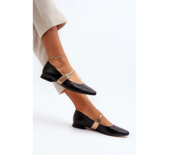 Skórzane Baleriny Damskie Na Płaskim Obcasie Laura Messi 2774 Czarne