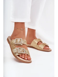 Lesklé zdobené pantofle s přezkami na plochém podpatku zlaté model 21705541 - Boto