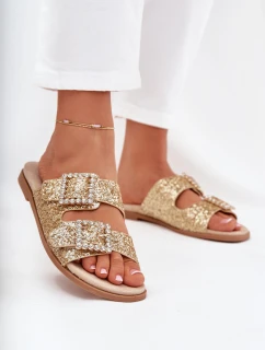 Lesklé zdobené pantofle s přezkami na plochém podpatku zlaté model 21705541 - Boto