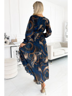 Dámske dlhé plisované šifónové šaty s výstrihom, dlhými rukávmi, opaskom a svetlomodro-béžovými vlnami 519-1