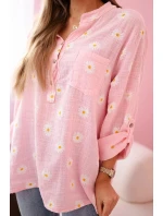 dámská halenka s květinovým vzorem, dlouhými rukávy a knoflíky růžová model 21188653 - K-Fashion