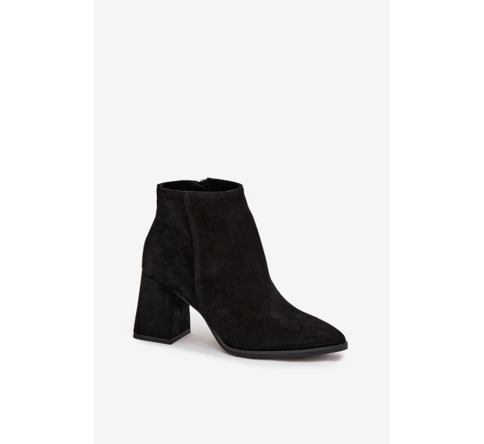 Botki Z Naturalnego Zamszu Obcas Słupek Ocieplane Czarne Zazoo 3128