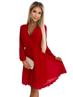 ISABELLE - Červené plisované dámske šaty s dlhými rukávmi a preloženým obálkovým výstrihom 313-13