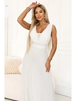 Dlouhé maxi šaty s  a hlubokým výstřihem ecru barva model 22079727 - numoco basic