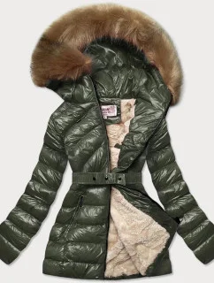 Lesklá zimná bunda v khaki farbe s mechovou kožušinovou podšívkou (w674)