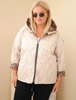Dámska bunda vo veľkosti Plus Size s kapucňou a leopardovým lemom, tmavo béžová