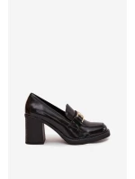 Półbuty Damskie Na Słupku Ze Złotym Detalem Czarne Privelle