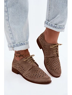 Kožené Semišové Dámské Polobotky S Vzorem Na Ploché Podpatku  Cappuccino model 22140973 - Zazoo