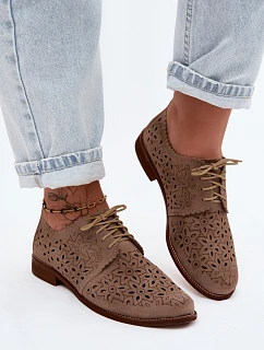 Kožené Semišové Dámské Polobotky S Otevřeným Vzorem Na Ploché Podpatku Zazoo 4156 Cappuccino