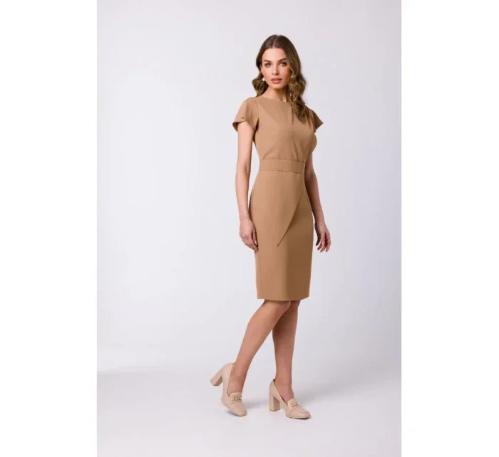 model 18360190 Plášťové šaty s páskem béžové - STYLOVE