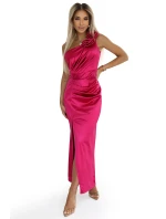Dlouhé saténové šaty na jedno rameno s růží a rozparkem | Růžová model 21097872 - numoco basic
