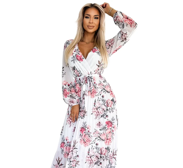 Bílé dámské plisované midi šaty s výstřihem, dlouhými rukávy, páskem a se vzorem růží model 21883690 - numoco basic