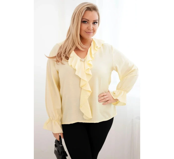Plus veľkosť dámske viskózové blúzka s volánom a ozdobné brošne žltá