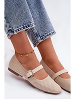 Materiálové Baleríny s Páskem a Přezkou Béžové Jelisa