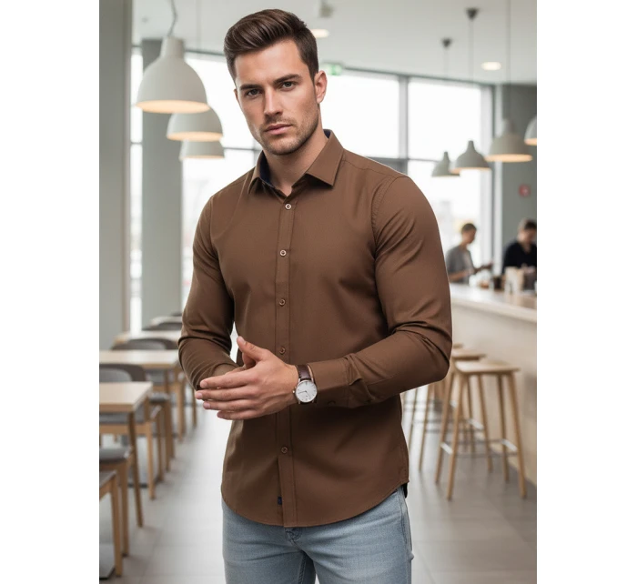 Koszula męska SLIM FIT  brązowa model 22013991 - FashionStreet