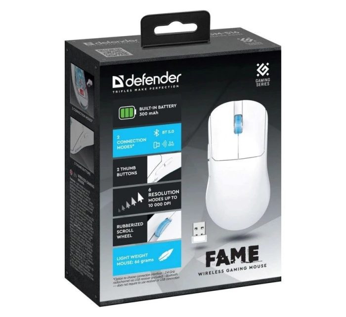DEFENDER BEZDRÔTOVÁ MYŠ FAME GM-516 RF+BT 10000DPI 6P BIELA 52516