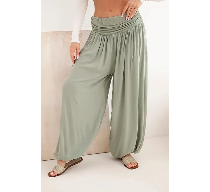 Dámske nohavice z viskózy so širokými nohavicami a khaki pásom