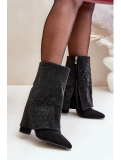 Zdobione Błyszczące Botki Z Wywiniętą Cholewką Na Słupku Ocieplane Czarne Xistaria