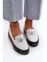 Mokasyny Damskie Skórzane Na Platformie S.Barski LR400 Białe