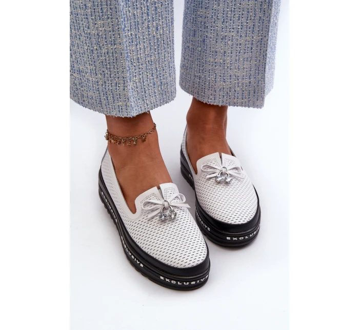 Mokasyny Damskie Skórzane Na Platformie S.Barski LR400 Białe