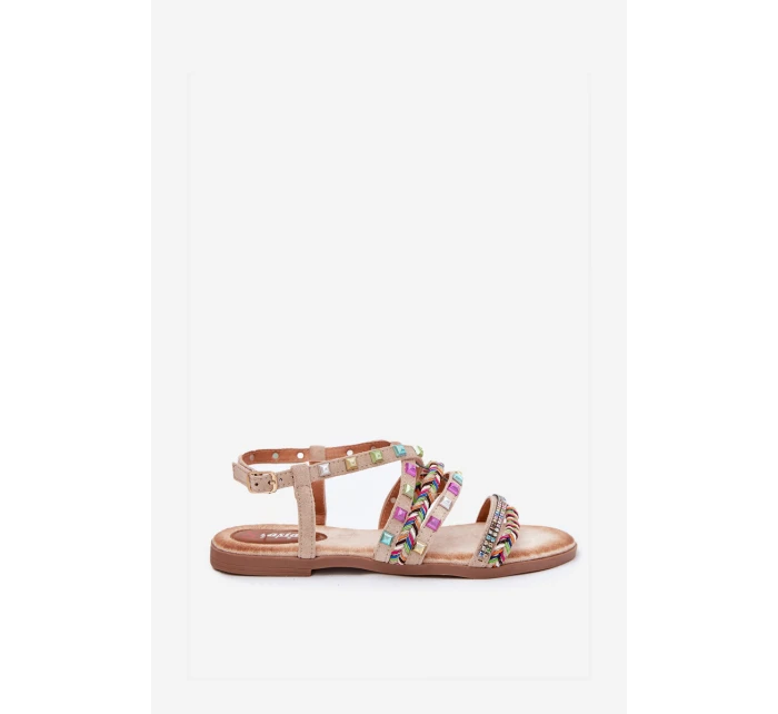 Sandały Damskie Ze Zdobieniem I Plecionymi Paskami Beżowe Delyra Sandały Damskie Ze Zdobieniem I Plecionymi Paskami Beżowe Delyra