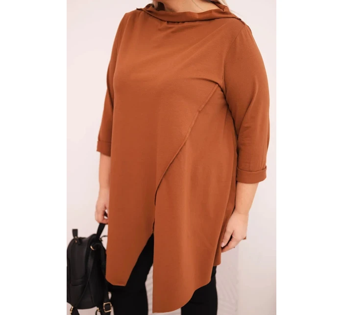 Dámske Plus veľkosť bavlnená blúzka asymetrické rukávy tmavé Camel