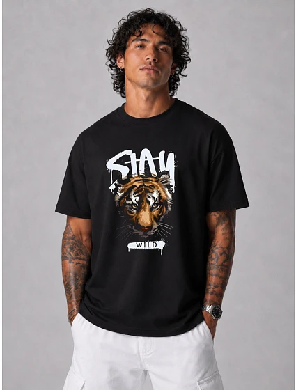 Tshirt męski oversize z nadrukiem bawełniany czarny model 22216128 - FashionStreet