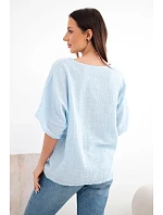 Dámska bavlnená blúzka oversize s krátkymi rukávmi modrá