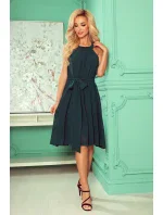 ALIZEE - Dámske šifónové šaty vo fľaškovo zelenej farbe so zaväzovaním 350-4