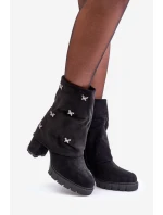 Zdobione Botki Z Wywiniętą Cholewką Na Słupku Czarne Esadora