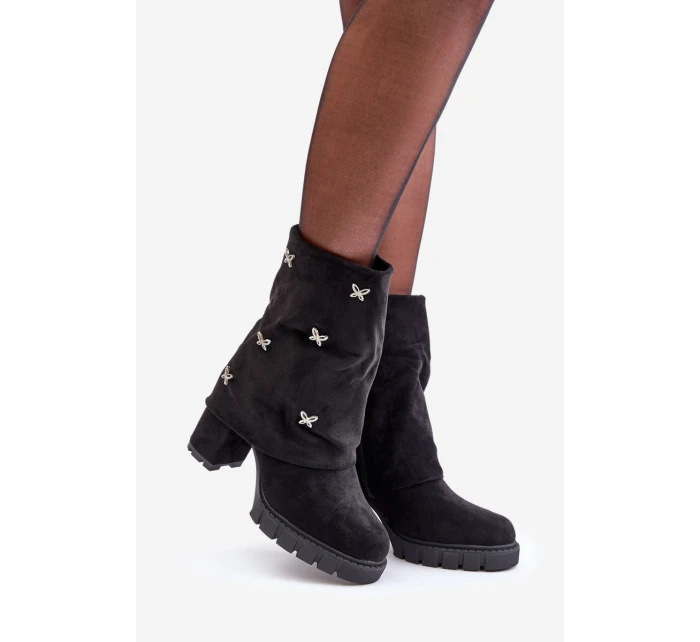 Zdobione Botki Z Wywiniętą Cholewką Na Słupku Czarne Esadora
