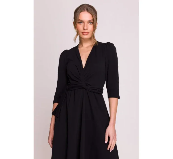 S404 Pletené šaty s opaskom na zaväzovanie - čierne S404 Pletené šaty s opaskom na zaväzovanie - čierne