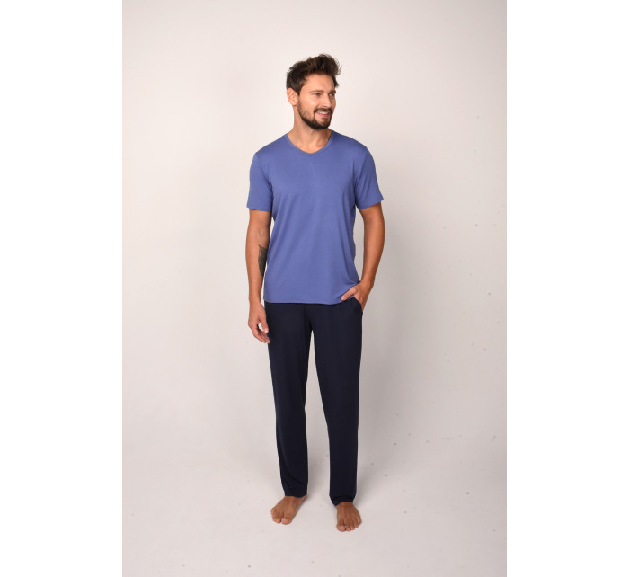 Pánske pyžamo Dallas, krátke rukávy, dlhé nohavice - modrá/navy blue