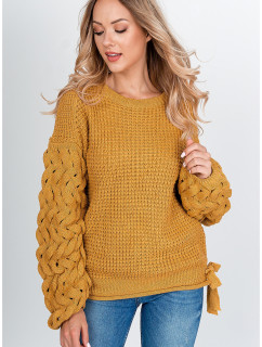Dámsky pletený sveter s mašľami - horčicová,