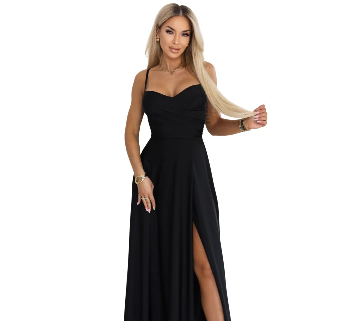 model 22015476 Dlouhé společenské šaty bez ramínek s rozparkem na nohou černé - numoco basic model 22015476 Dlouhé společenské šaty bez ramínek s rozparkem na nohou černé - numoco basic