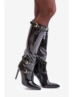 Lakierowane Kozaki Na Szpilce Z Klamrami Czarne Emiraethe