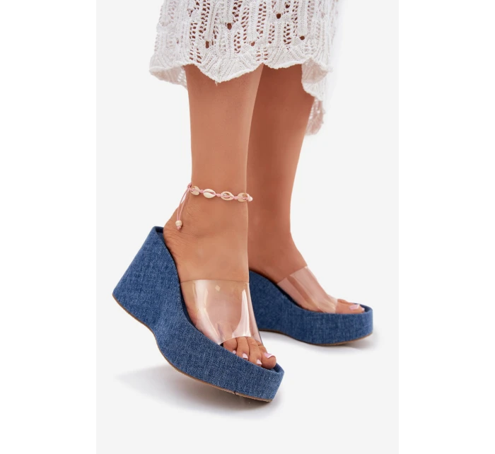 Dámské Pantofle Na Klínu S Páskem Džínové model 21699263 - Boto
