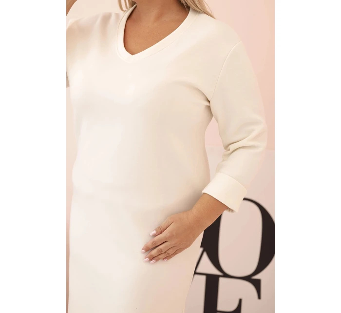 Dámské šaty Plus Size máslové s výstřihem do V a rukávem ecru