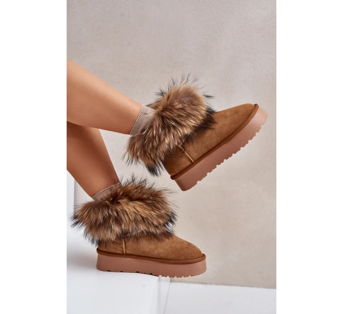 Skórzane Śniegowce Na Platformie Z Futerkiem Camel Avirisa